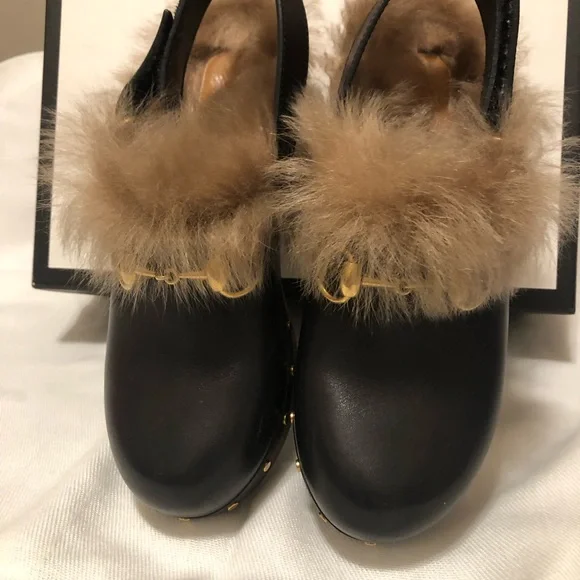 Gucci Black Mules with Brown Fur and Gold Detail - Picture 9 of 9